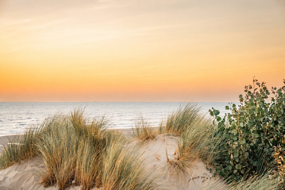 Dunes de la Côte d’Opale et mer au coucher du soleil, photographie de Benj.Minet retouchée sans les personnes