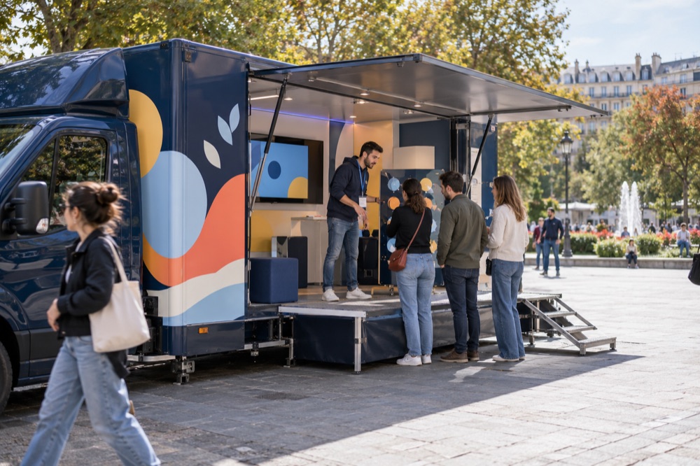 Illustration d’une tournée événementielle avec un véhicule d’activation et une animation auprès du public